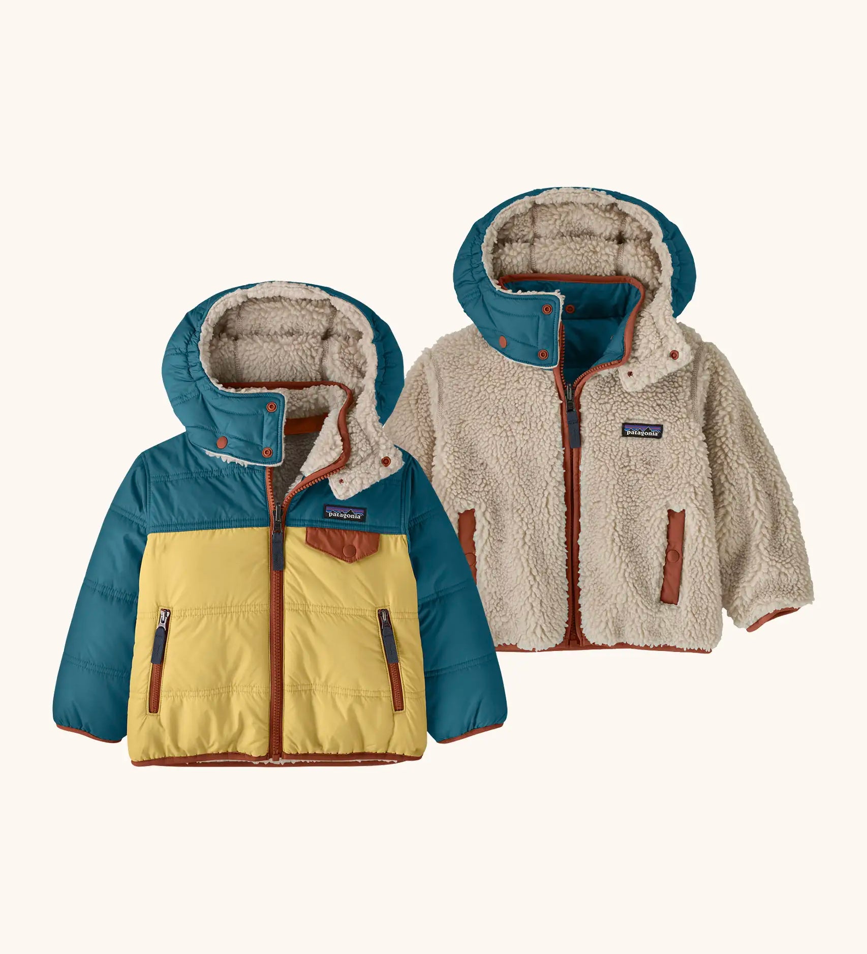 Patagonia reversible little kids tribbles hoody coat in teal and yellow lower half and fleece reverse. Features a small chest pocket and side pockets