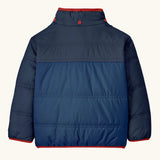 Back of Patagonia reversible little kids tribbles hoody in blue showing the hood completely removed