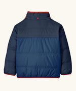 Back of Patagonia reversible little kids tribbles hoody in blue showing the hood completely removed