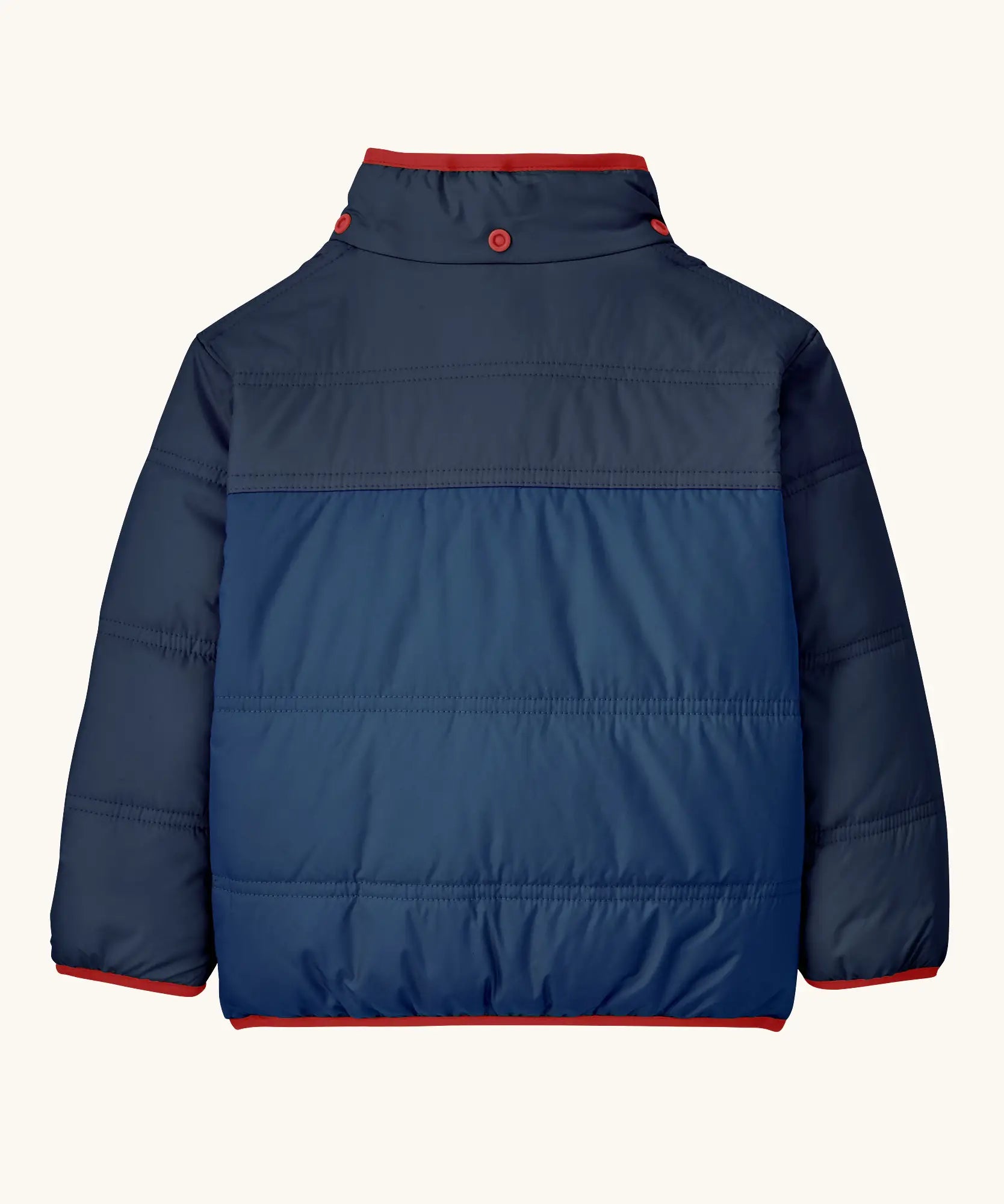 Back of Patagonia reversible little kids tribbles hoody in blue showing the hood completely removed