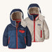 Patagonia reversible little kids tribbles hoody coat in blue with red trim and fleece reverse. Features a small chest pocket and side pockets