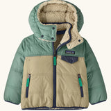 Patagonia reversible little kids tribbles hoody in sage green with a fleece inner for warmth. Features a removable hood, chest and side pockets