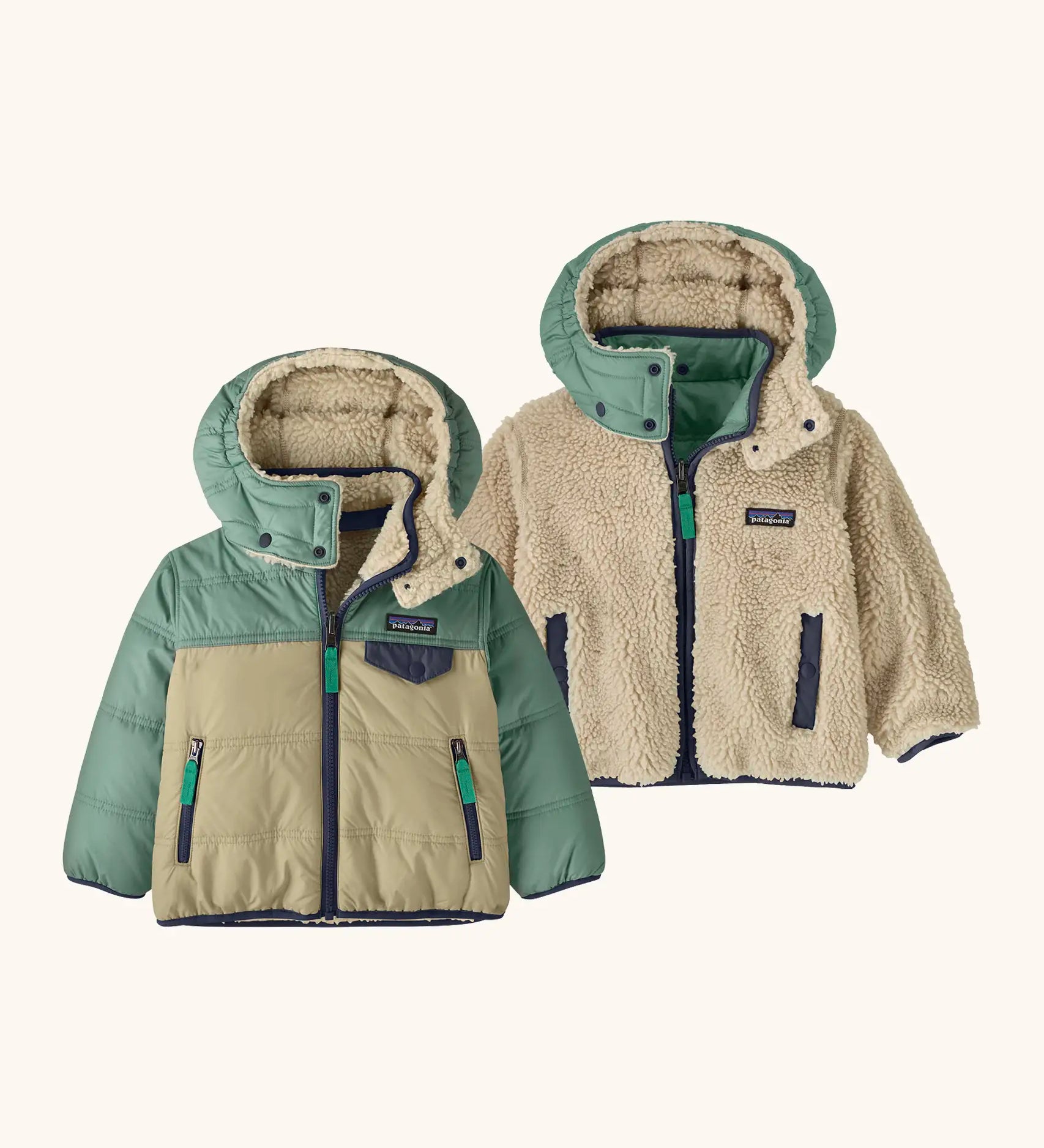 Patagonia reversible little kids tribbles hoody coat in sage green and stone lower half and fleece reverse. Features a small chest pocket and side pockets