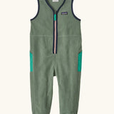 Patagonia baby fleeced shearlings overalls in green with navy trim. Features a half length zip and side pockets