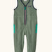 Patagonia baby fleeced shearlings overalls in green with navy trim. Features a half length zip and side pockets
