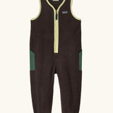 Patagonia baby fleeced shearlings overalls in brown with yellow trim. Features a half length zip and green side pockets