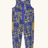 Patagonia baby fleeced shearlings overalls in blue with yellow abstract designs. Features a half length zip and side pockets
