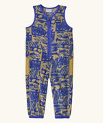 Patagonia baby fleeced shearlings overalls in blue with yellow abstract designs. Features a half length zip and side pockets