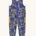Patagonia baby fleeced shearlings overalls in blue with yellow abstract designs. Features a half length zip and side pockets