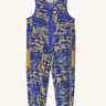 Patagonia baby fleeced shearlings overalls in blue with yellow abstract designs. Features a half length zip and side pockets