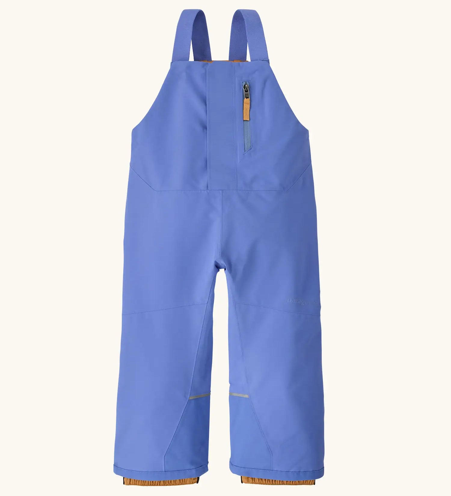 Patagonia water repellent baby snow overalls in diver blue with adjustable shoulder straps, zip pocket and elasticated leg cuffs