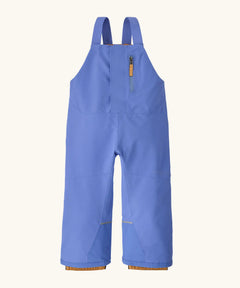 Patagonia water repellent baby snow overalls in diver blue with adjustable shoulder straps, zip pocket and elasticated leg cuffs