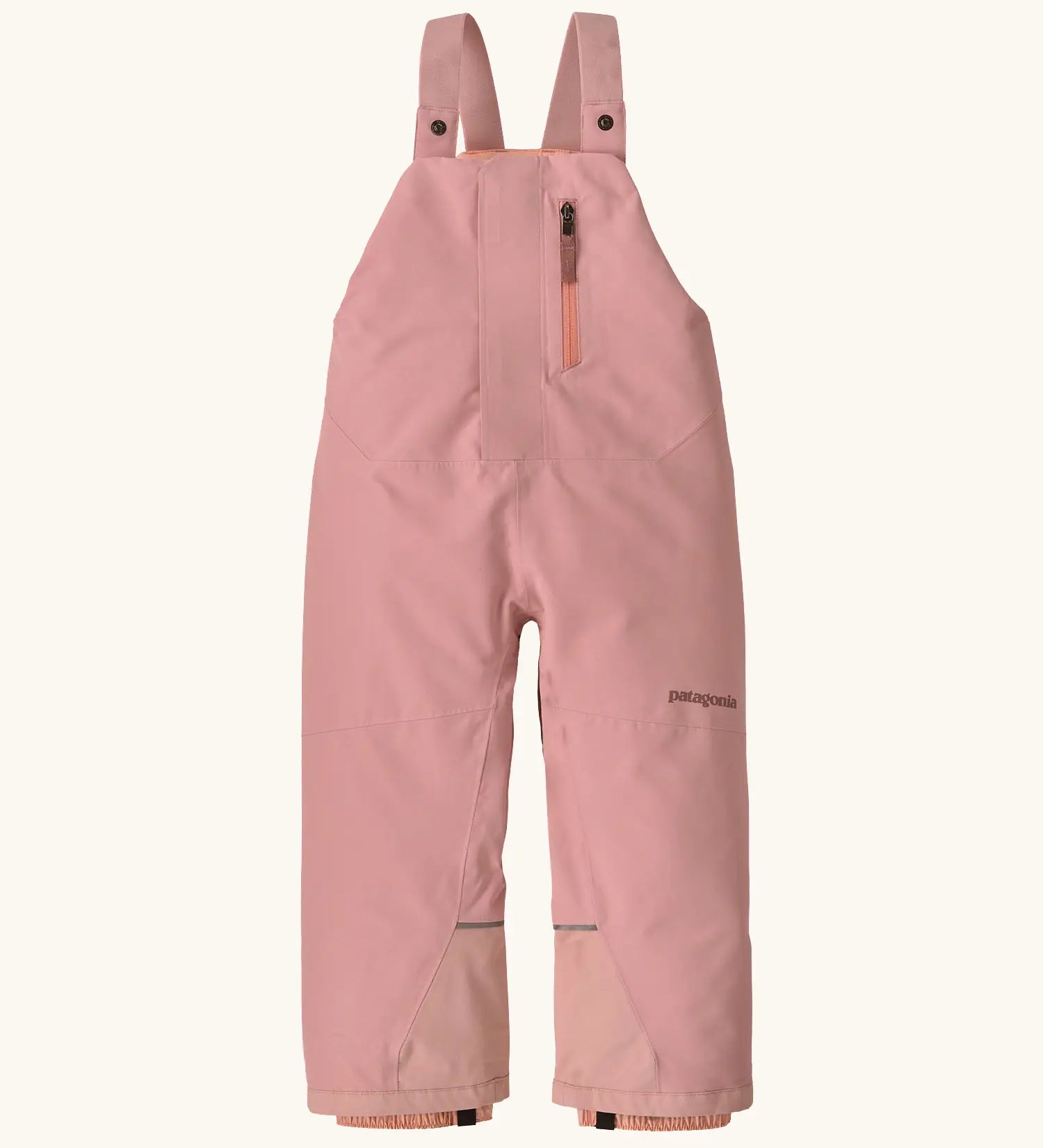 Patagonia water repellent baby snow overalls in fuzzy mauve with adjustable shoulder straps, zip pocket and elasticated leg cuffs