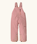 Patagonia water repellent baby snow overalls in fuzzy mauve with adjustable shoulder straps, zip pocket and elasticated leg cuffs