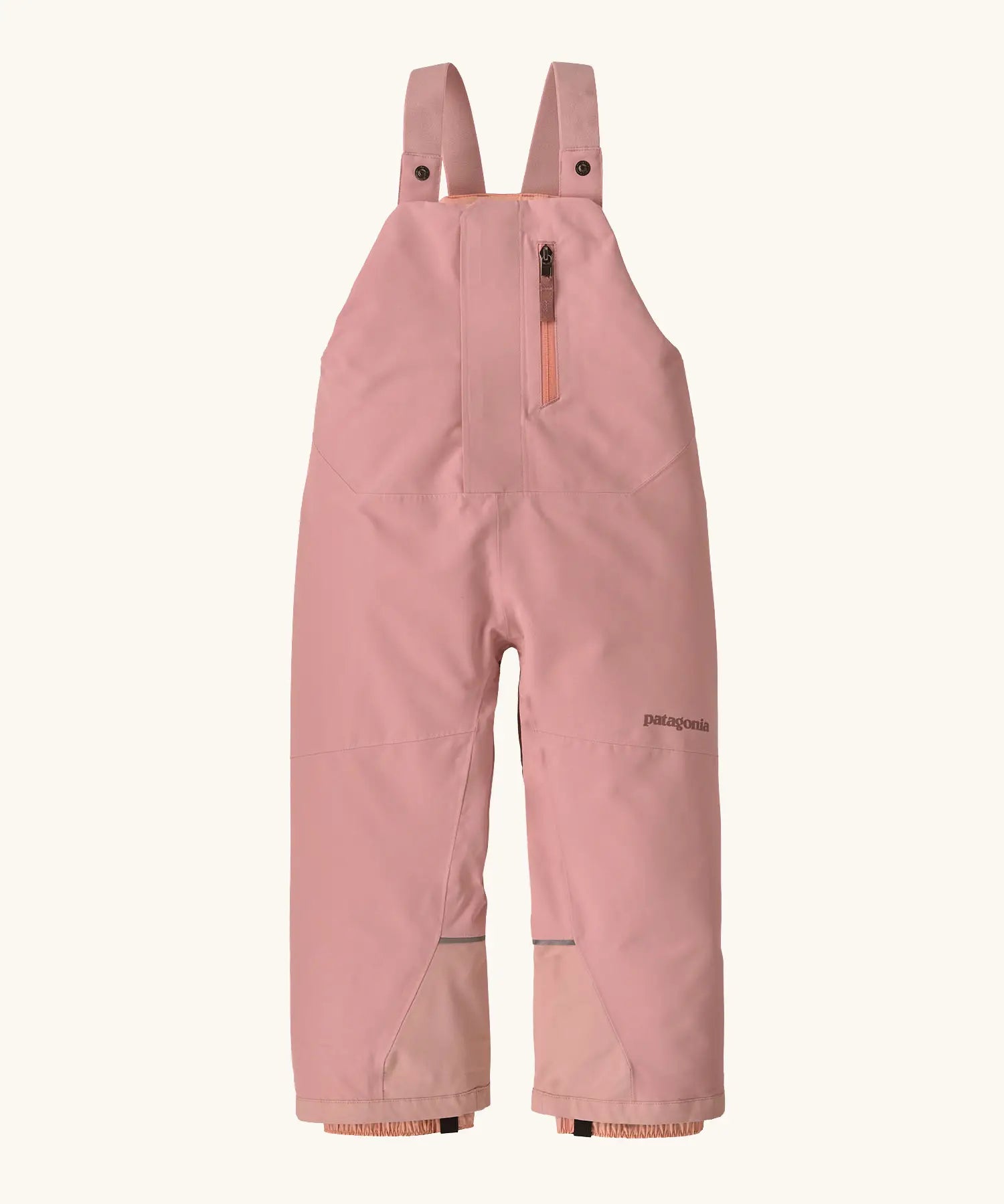 Patagonia water repellent baby snow overalls in fuzzy mauve with adjustable shoulder straps, zip pocket and elasticated leg cuffs