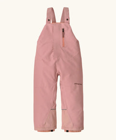 Patagonia water repellent baby snow overalls in fuzzy mauve with adjustable shoulder straps, zip pocket and elasticated leg cuffs