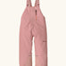 Patagonia water repellent baby snow overalls in fuzzy mauve with adjustable shoulder straps, zip pocket and elasticated leg cuffs