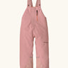 Patagonia water repellent baby snow overalls in fuzzy mauve with adjustable shoulder straps, zip pocket and elasticated leg cuffs