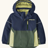 Patagonia water repellent baby snow pile jacket in new navy with front zip closure and zipped breast pocket. 