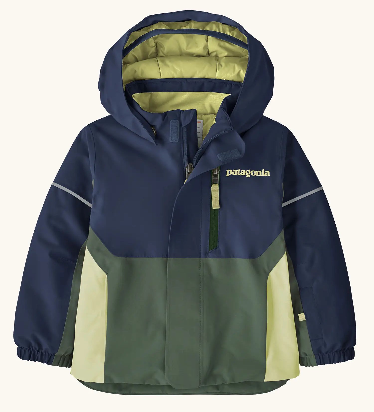 Patagonia water repellent baby snow pile jacket in new navy with front zip closure and zipped breast pocket. 