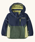 Patagonia water repellent baby snow pile jacket in new navy with front zip closure and zipped breast pocket. 