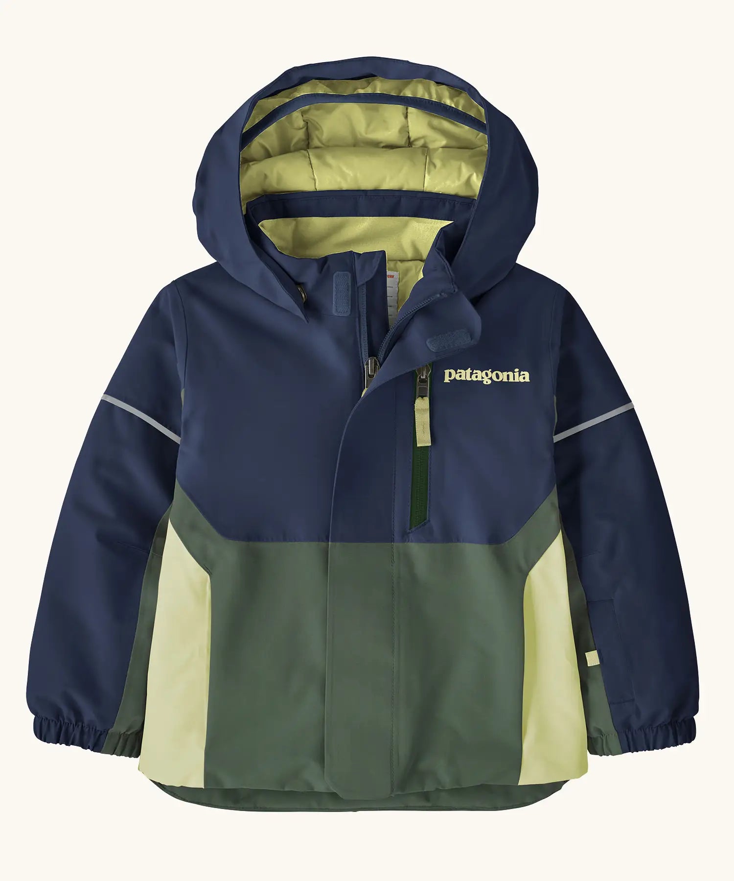 Patagonia water repellent baby snow pile jacket in new navy with front zip closure and zipped breast pocket. 