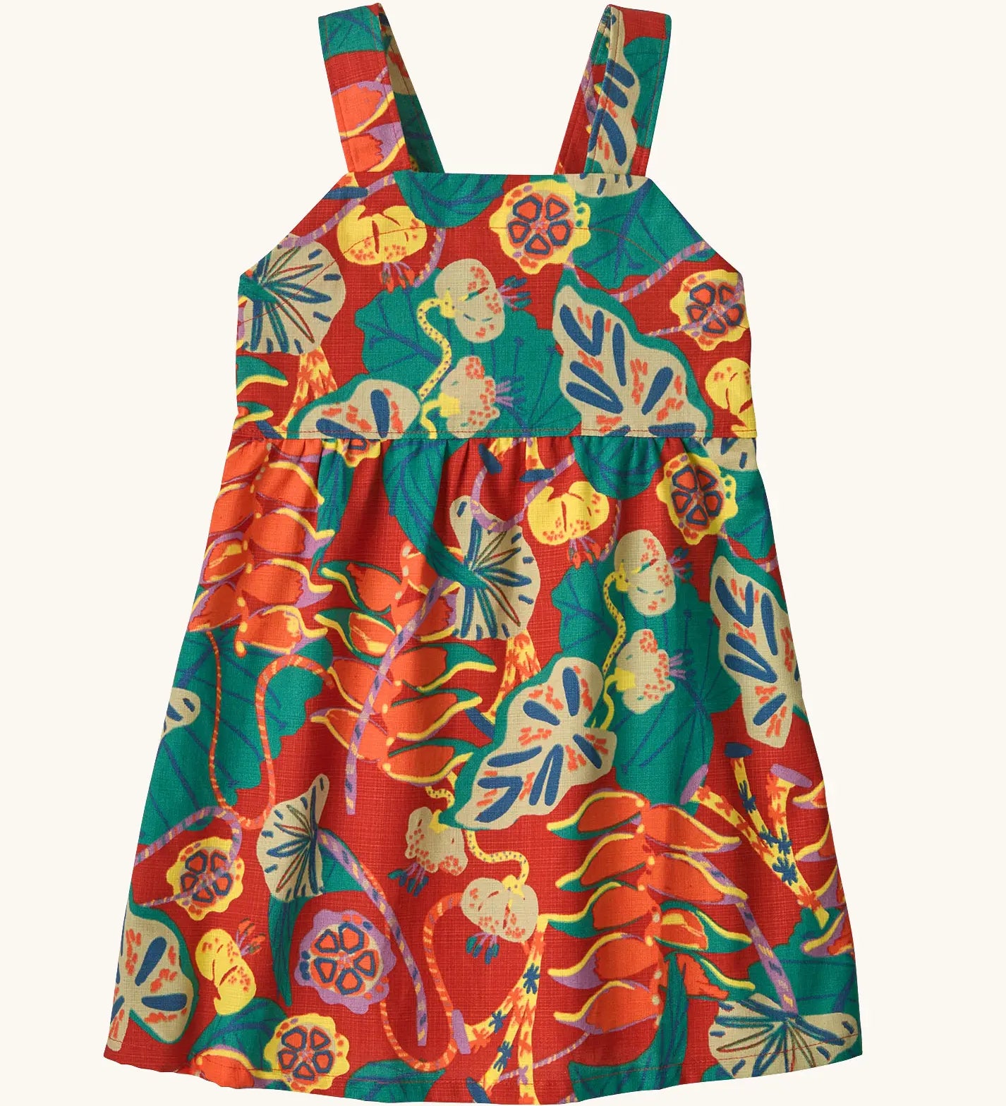 Patagonia little kids tidal thread sleeveless dress in red with repeating abstract tropical pattern