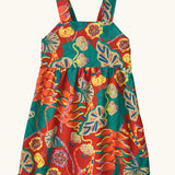 Patagonia little kids tidal thread sleeveless dress in red with repeating abstract tropical pattern