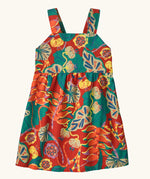 Patagonia little kids tidal thread sleeveless dress in red with repeating abstract tropical pattern