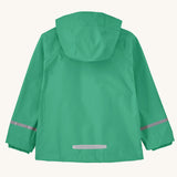 Patagonia little kids torrentshell 3 layer rain jacket in green showing reflective strips and patch on lower back