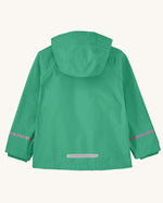 Patagonia little kids torrentshell 3 layer rain jacket in green showing reflective strips and patch on lower back