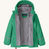 Opened Patagonia little kids torrentshell 3 layer rain jacket in green showing grey inner lining 