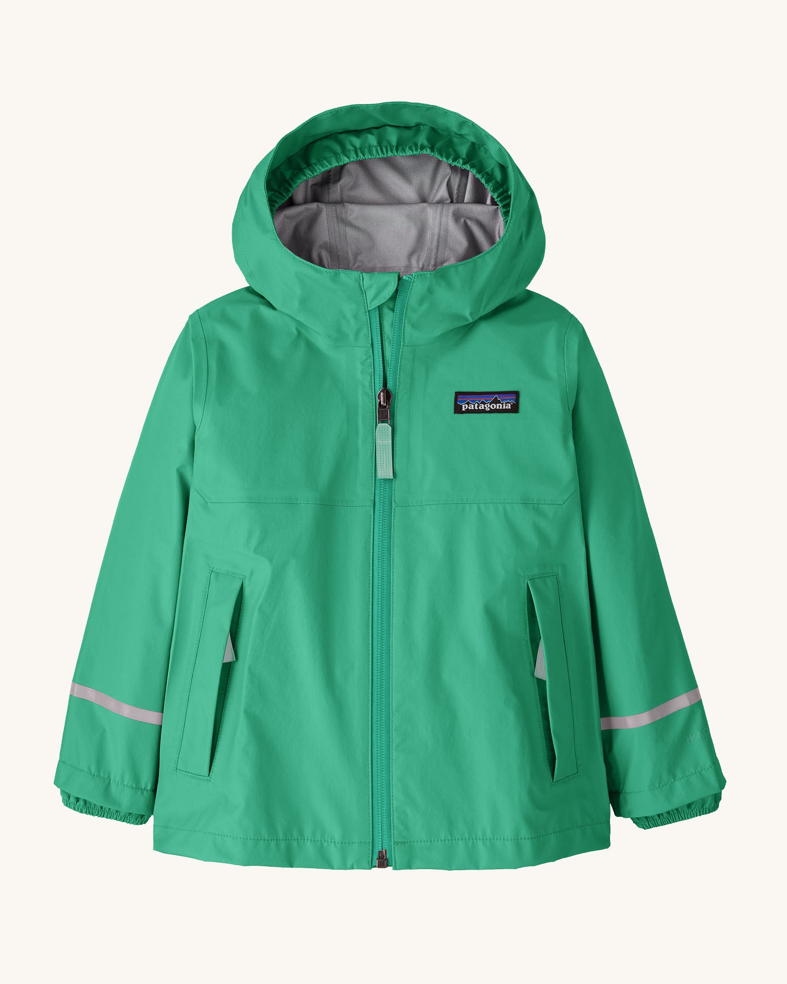Patagonia little kids torrentshell 3 layer rain jacket in green. Shows a full length front zip and side pockets 