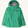 Patagonia little kids torrentshell 3 layer rain jacket in green. Shows a full length front zip and side pockets 