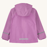 Patagonia little kids torrentshell 3 layer rain jacket in bright purple showing reflective strips and patch on lower back