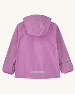 Patagonia little kids torrentshell 3 layer rain jacket in bright purple showing reflective strips and patch on lower back