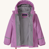 Opened Patagonia little kids torrentshell 3 layer rain jacket in bright purple showing grey inner lining 