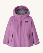 Patagonia little kids torrentshell 3 layer rain jacket in bright purple. Shows a full length front zip and side pockets 