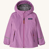 Patagonia little kids torrentshell 3 layer rain jacket in bright purple. Shows a full length front zip and side pockets 