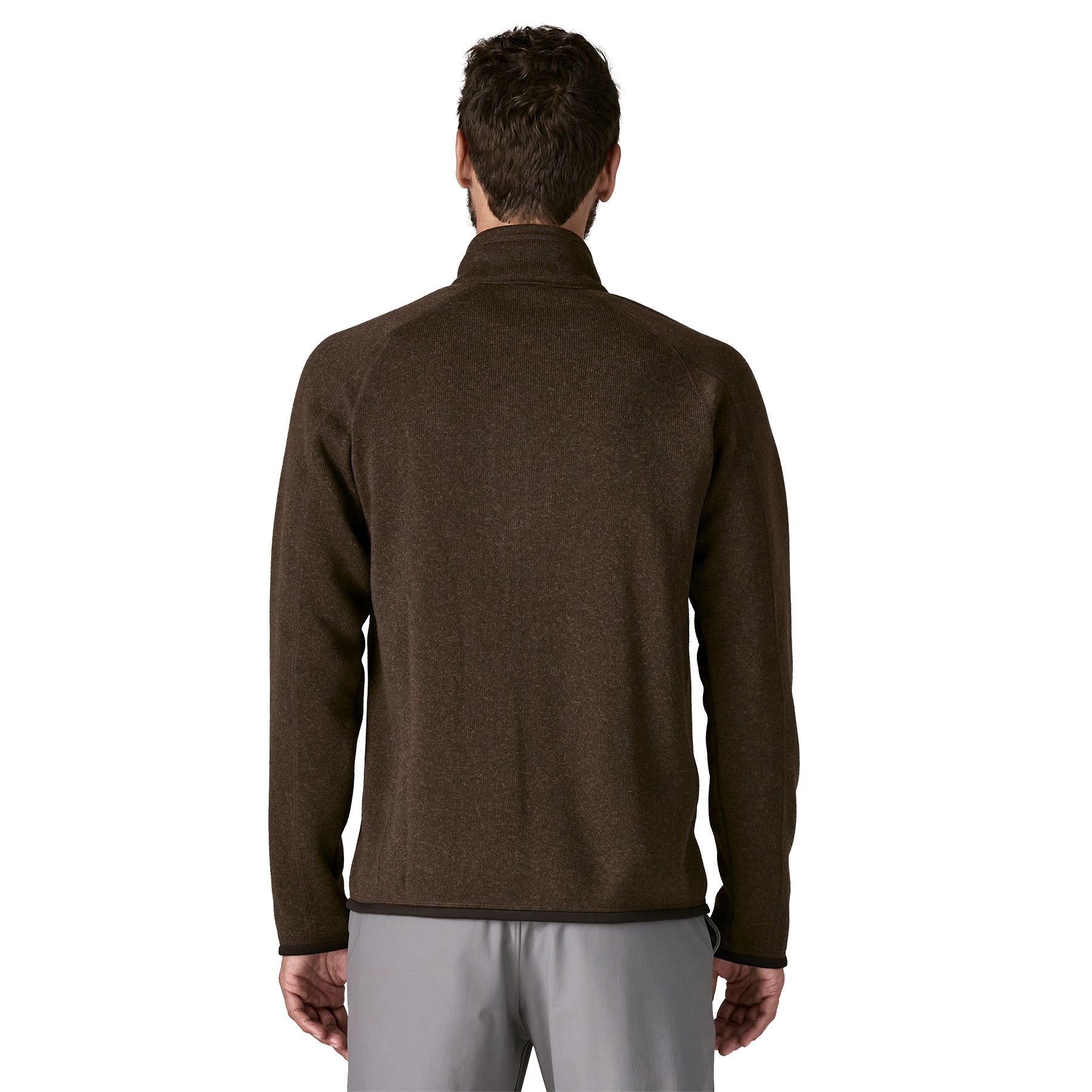 The back of a man wearing the Patagonia men's better sweater in otter brown available at Babipur.
