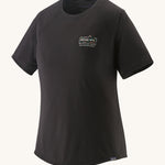 Patagonia Women's Capilene Cool Trail Graphic Shirt - Black. A Black organic cotton top with a small Patagonia logo on the chest