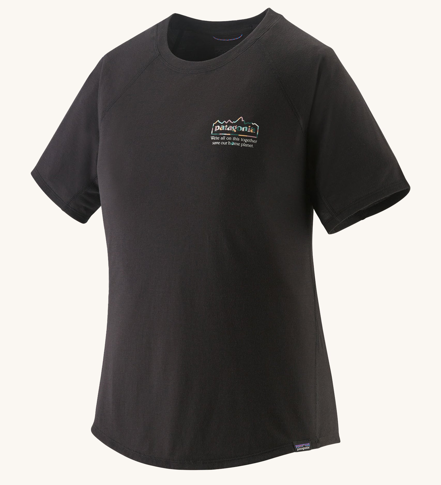 Patagonia Women's Capilene Cool Trail Graphic Shirt - Black. A Black organic cotton top with a small Patagonia logo on the chest