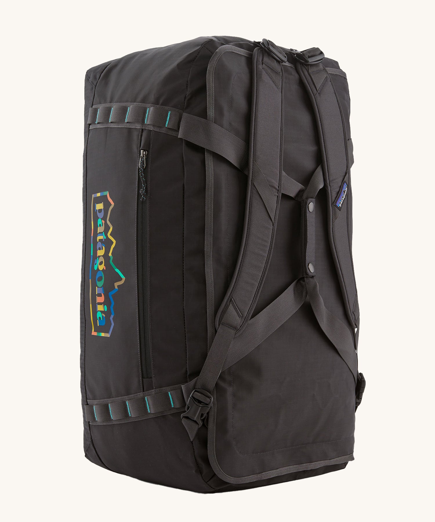 The Patagonia Black Hole Duffel 70L Ink Black upright, showing the carry handles and shoulder straps