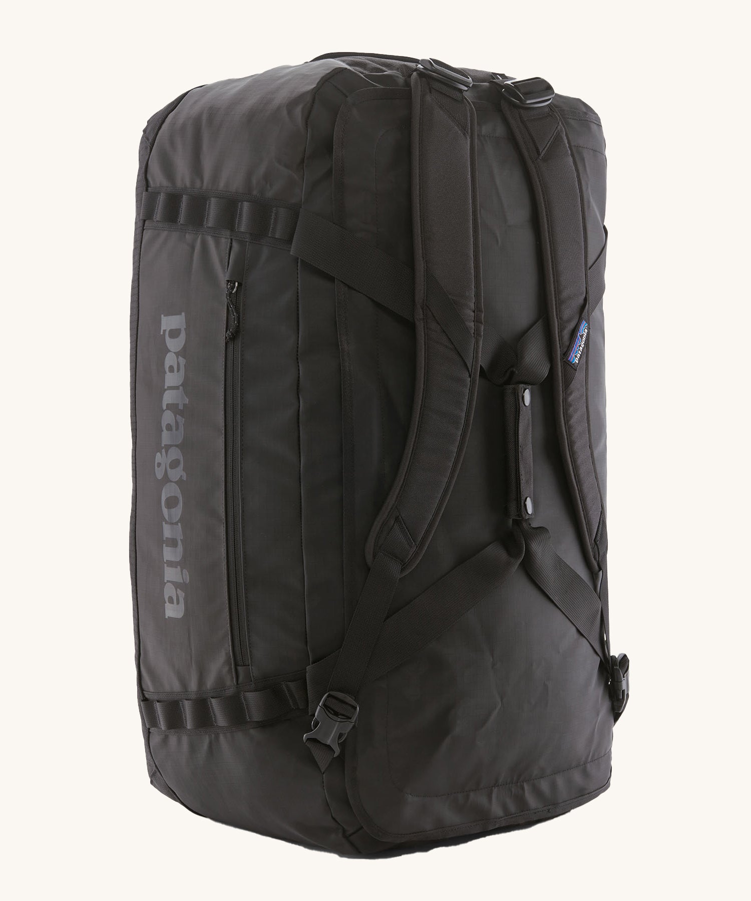 The Patagonia Black Hole Duffel 70L Black, showing the shoulder straps and carry handles