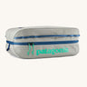 Patagonia black hole 14 litre cube bag in light grey with blue zip and a turquoise brand text logo on front panel