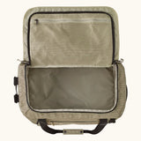 Open Patagonia black hole 40l duffel bag in light green showing extra zipped mesh compartment on inside lid
