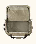 Open Patagonia black hole 40l duffel bag in light green showing extra zipped mesh compartment on inside lid