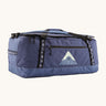 Patagonia black hole 70L duffel bag in current blue available at Babipur. A blue bag with black trim and a mountain graphic on the side. Features shoulders straps and a handle on the top for easy carrying.