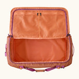 Open Patagonia black hole 70l duffel bag in bright orange showing extra zipped mesh compartments on inside lid