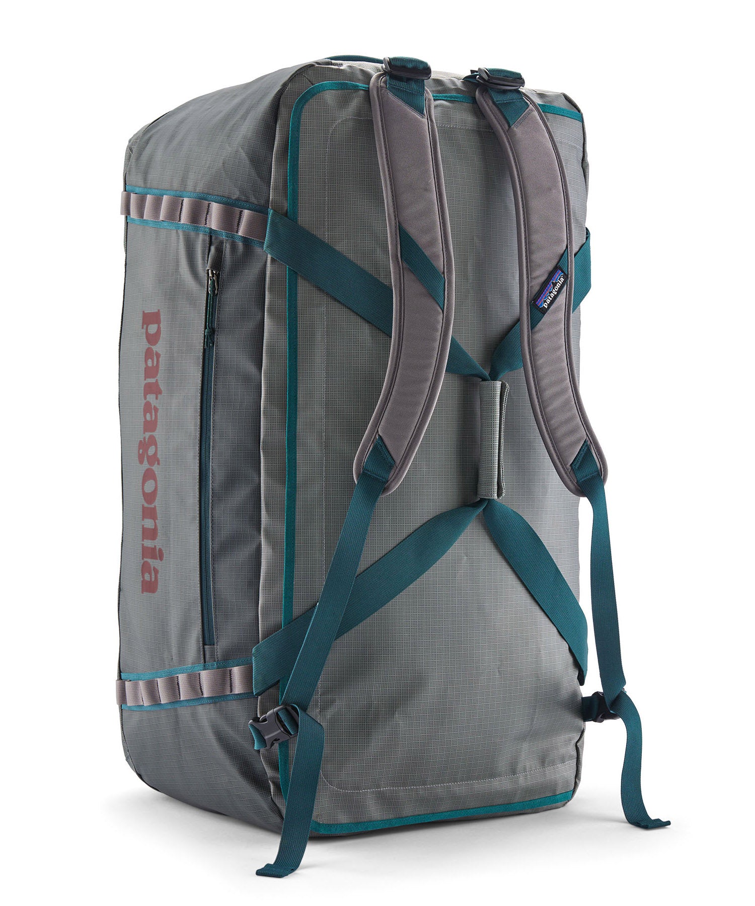 A close up of the Patagonia black hole 100L duffel bag in noble grey available at Babipur showing the shoulder straps and carry straps detail